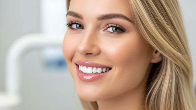 Modern diş kliniğinde, kadın hasta, Hollywood Smile ile parlak, beyaz ve düzgün dişlerini göstererek gülümsüyor.