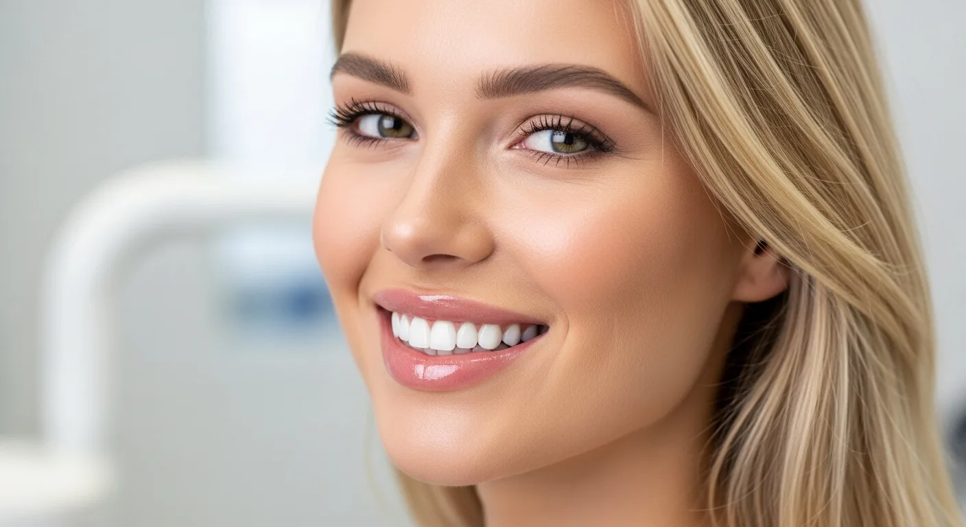 Modern diş kliniğinde, kadın hasta, Hollywood Smile ile parlak, beyaz ve düzgün dişlerini göstererek gülümsüyor.